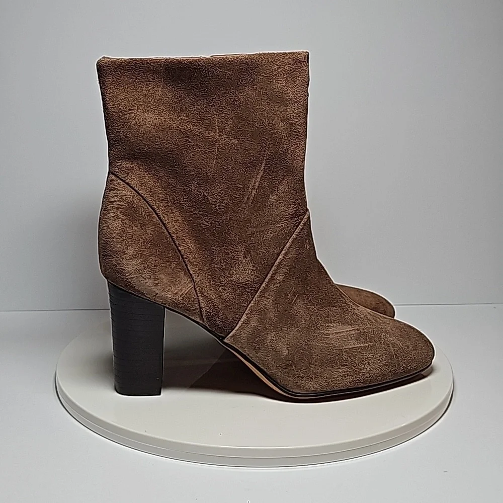 Franco Sarto Pia Suede Ankle Booties Brown 7.5 Side Zip Almond Toe Heeled Boots